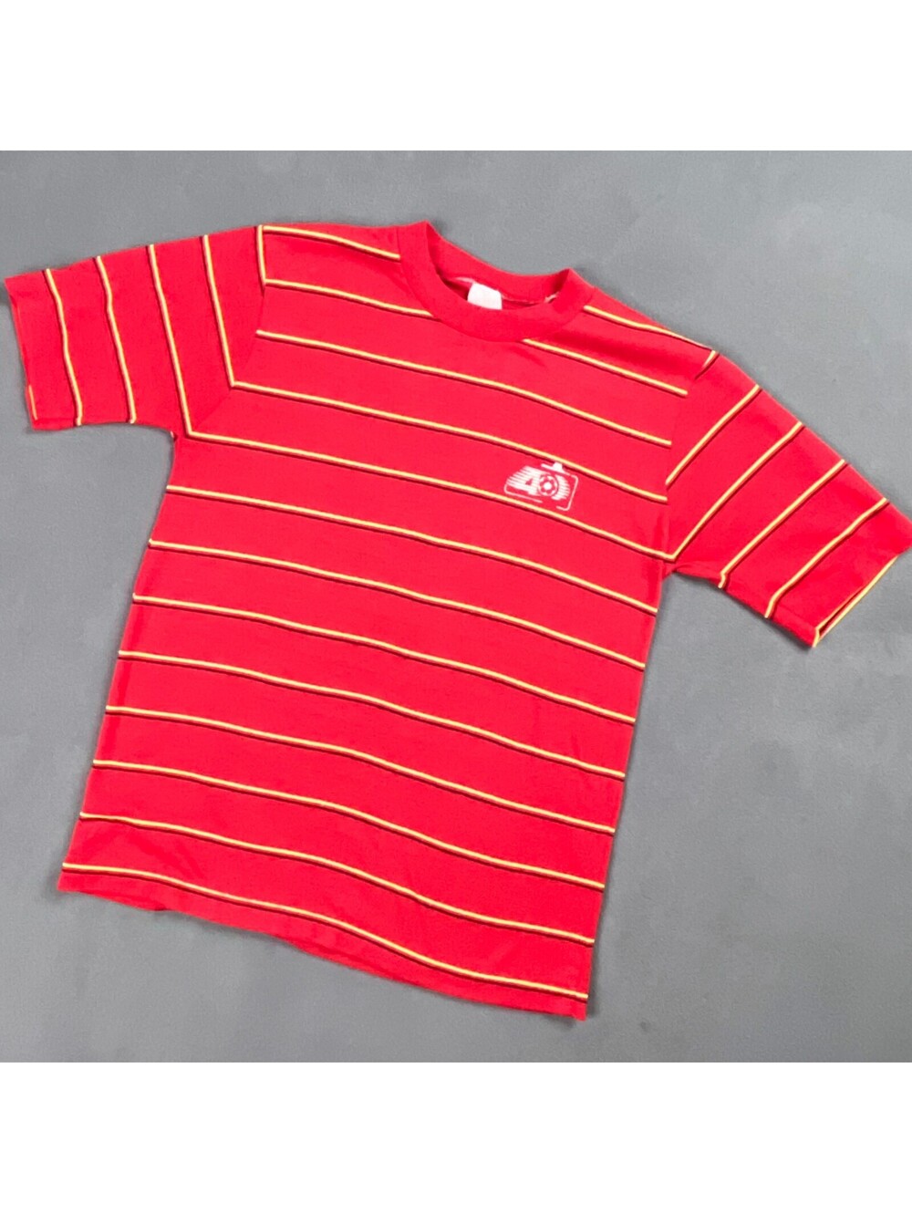 80's Striped T-Shirt, Bold Red with Black & Yellow Stripe Short Sleeve Tee